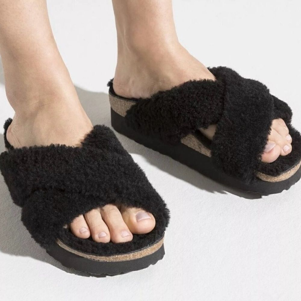 NWT Birkenstock Papillio Daytona Shearling Teddy Platform Sandals Black Size 37